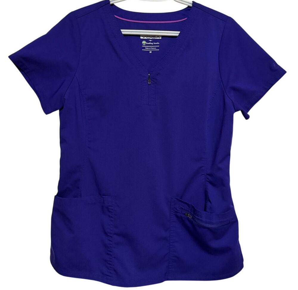 Purple Label Yoga Women's Purple Short Sleeve V-Neck Quarter Zip Scrub Size M